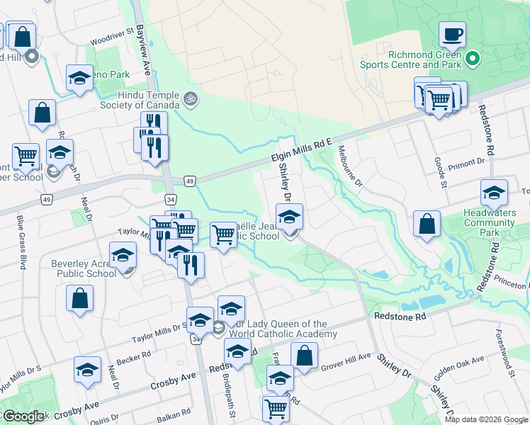 map of restaurants, bars, coffee shops, grocery stores, and more near 46 Romance Drive in Richmond Hill