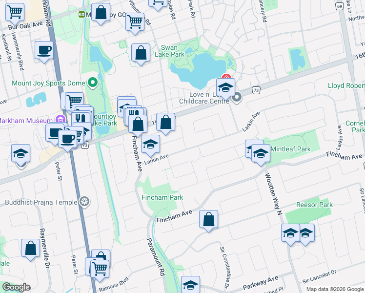 map of restaurants, bars, coffee shops, grocery stores, and more near 2 Bryant Road in Markham