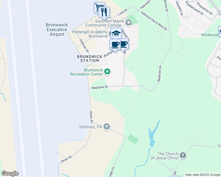 map of restaurants, bars, coffee shops, grocery stores, and more near 215 Neptune Drive in Brunswick