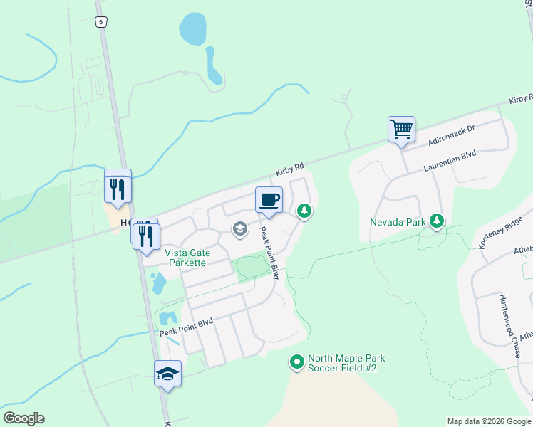 map of restaurants, bars, coffee shops, grocery stores, and more near 72 Ravineview Drive in Vaughan