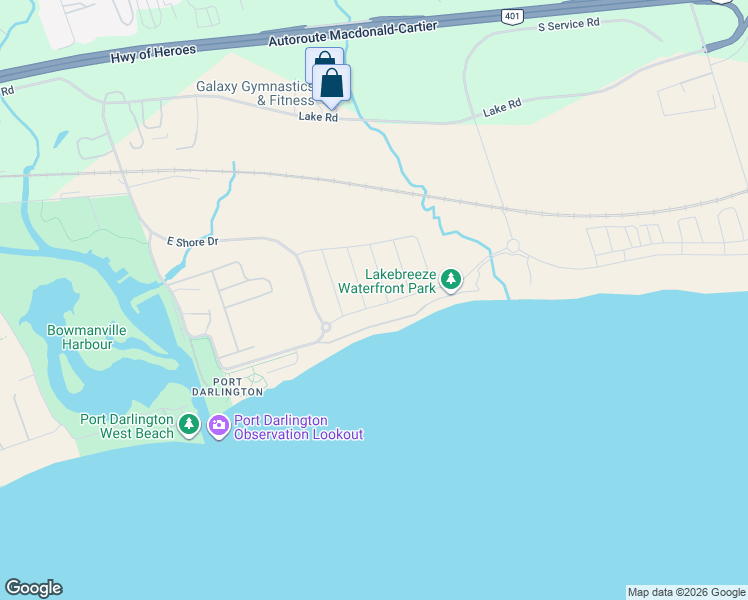 map of restaurants, bars, coffee shops, grocery stores, and more near 215 Port Darlington Road in Clarington