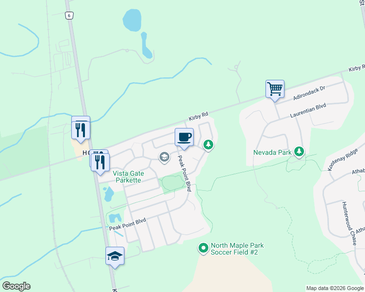 map of restaurants, bars, coffee shops, grocery stores, and more near 72 Ravineview Drive in Vaughan