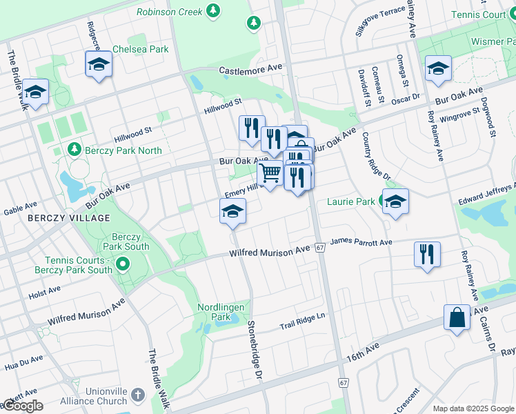 map of restaurants, bars, coffee shops, grocery stores, and more near 24 Cliveden Place in Markham