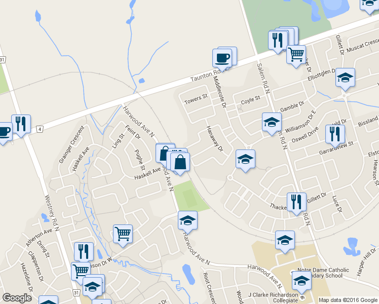 map of restaurants, bars, coffee shops, grocery stores, and more near 58 Decourcy-Ireland Circle in Ajax
