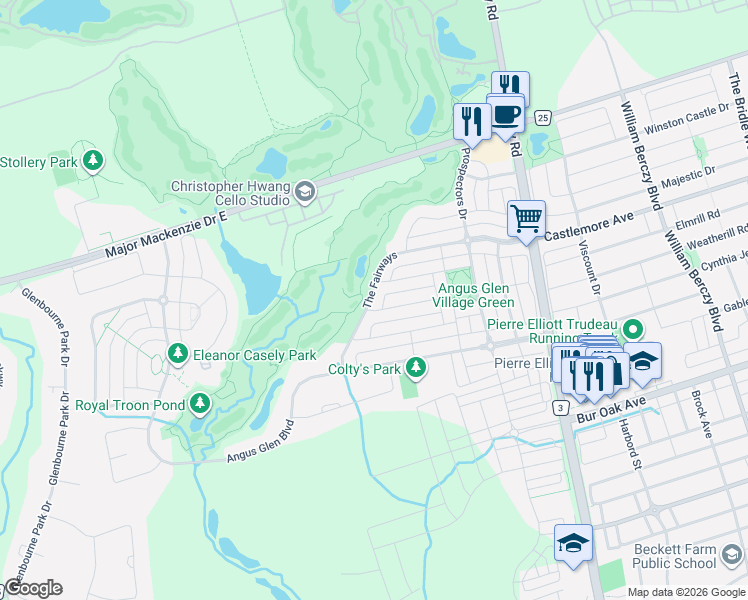 map of restaurants, bars, coffee shops, grocery stores, and more near 27 The Fairways in Markham