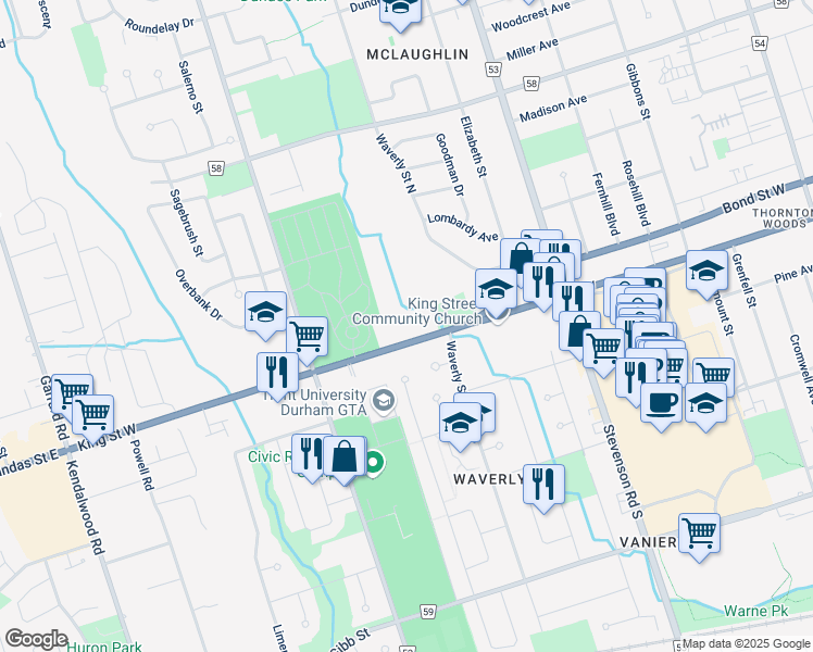 map of restaurants, bars, coffee shops, grocery stores, and more near 703 King Street West in Oshawa