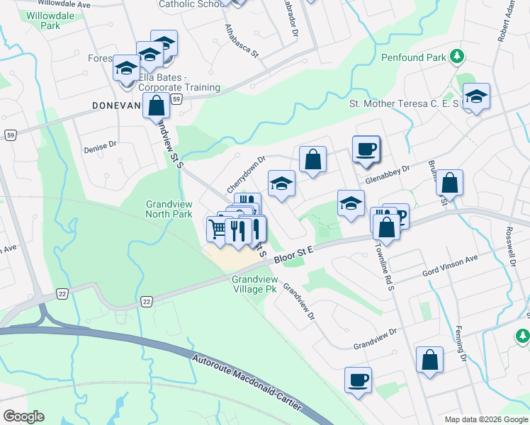 map of restaurants, bars, coffee shops, grocery stores, and more near 576 Annandale Street in Oshawa