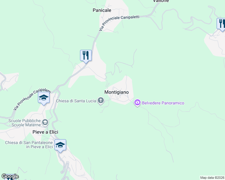 map of restaurants, bars, coffee shops, grocery stores, and more near 304 Via del Palazzetto in Montigiano