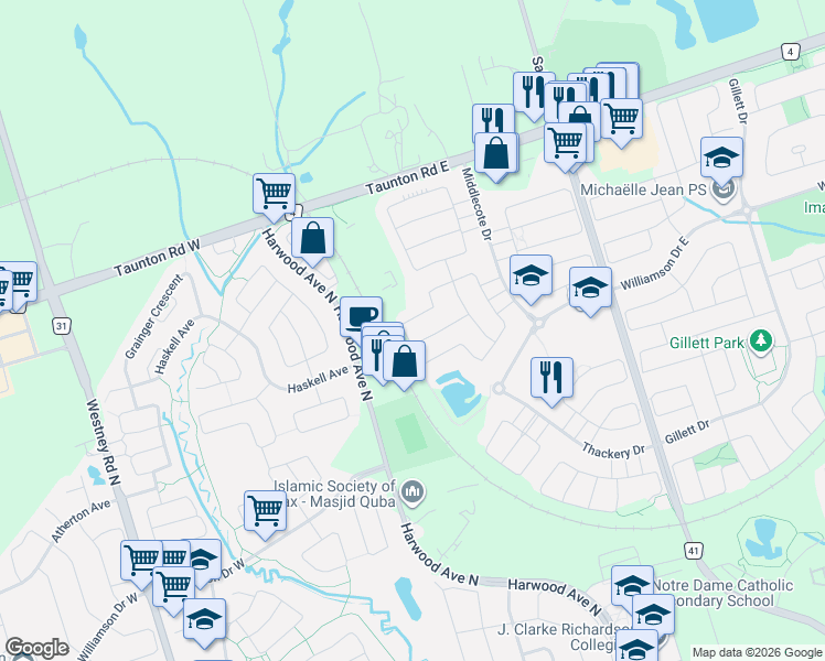 map of restaurants, bars, coffee shops, grocery stores, and more near 58 Decourcy-Ireland Circle in Ajax