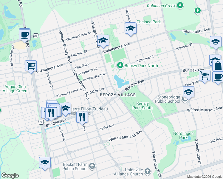 map of restaurants, bars, coffee shops, grocery stores, and more near 418 The Bridle Walk in Markham