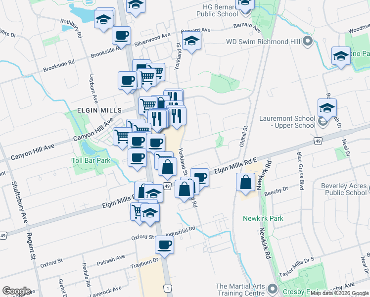 map of restaurants, bars, coffee shops, grocery stores, and more near 49 Yorkland Street in Richmond Hill
