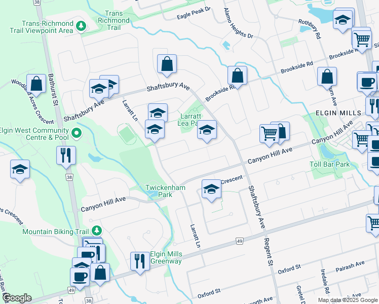 map of restaurants, bars, coffee shops, grocery stores, and more near Buckhorn Avenue in Richmond Hill