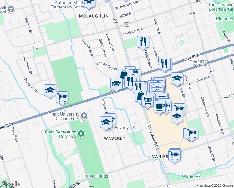 map of restaurants, bars, coffee shops, grocery stores, and more near 611 King Street West in Oshawa