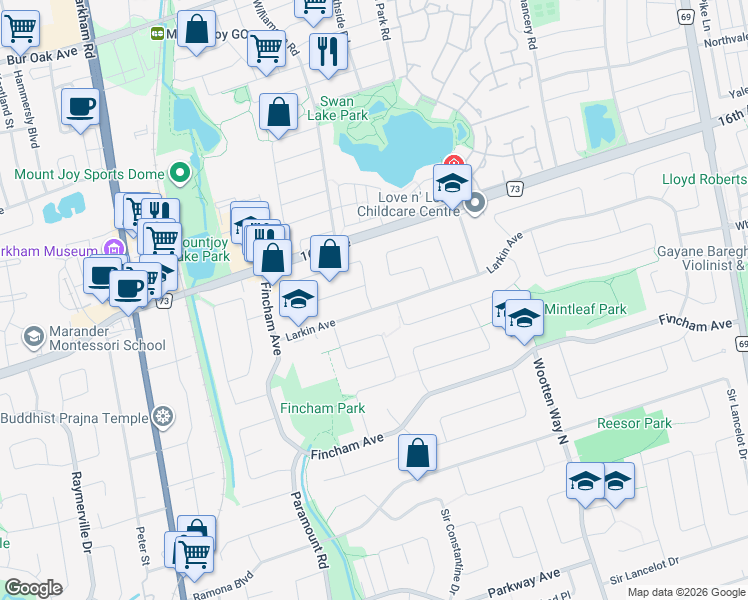 map of restaurants, bars, coffee shops, grocery stores, and more near 11 Bryant Road in Markham