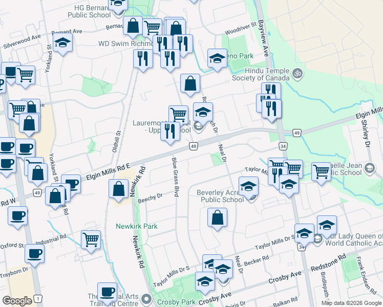 map of restaurants, bars, coffee shops, grocery stores, and more near 305 Gells Road in Richmond Hill