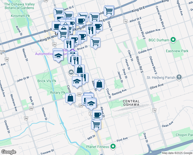 map of restaurants, bars, coffee shops, grocery stores, and more near in Oshawa