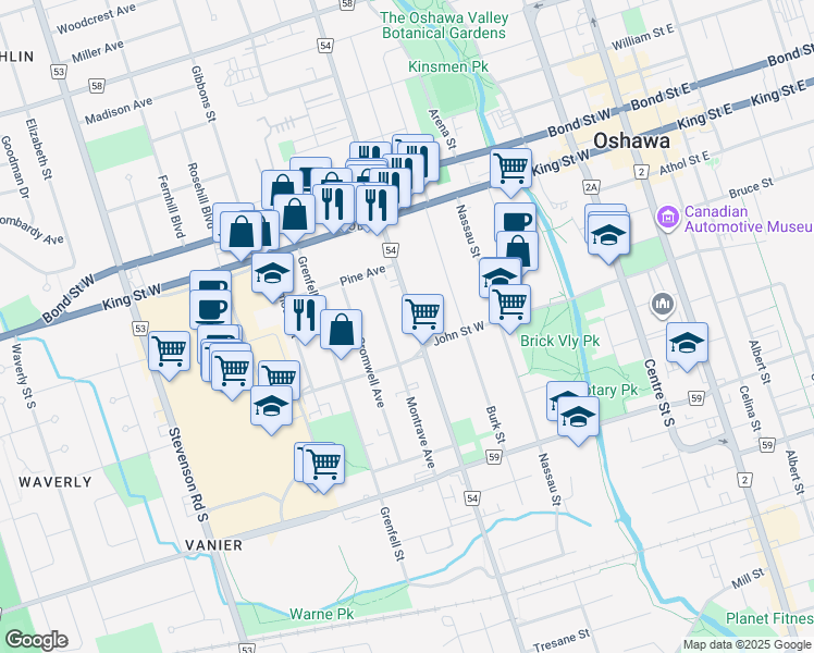 map of restaurants, bars, coffee shops, grocery stores, and more near in Oshawa