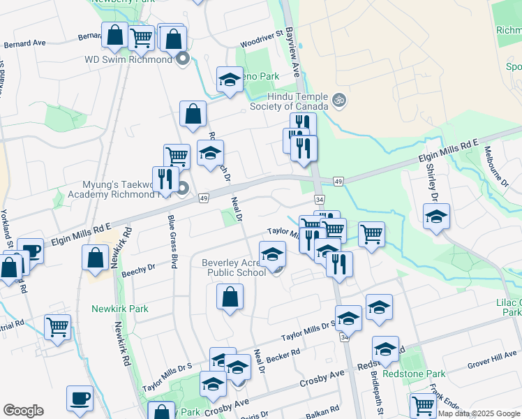 map of restaurants, bars, coffee shops, grocery stores, and more near in Richmond Hill