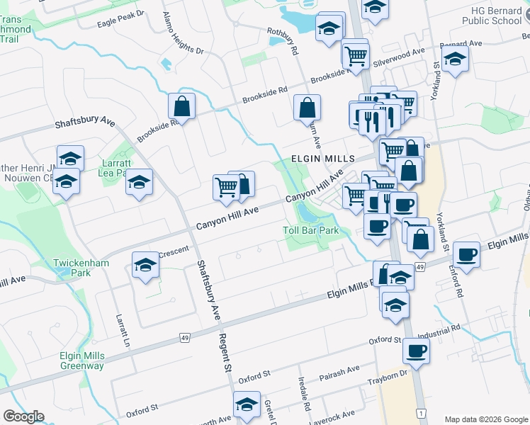 map of restaurants, bars, coffee shops, grocery stores, and more near in Richmond Hill