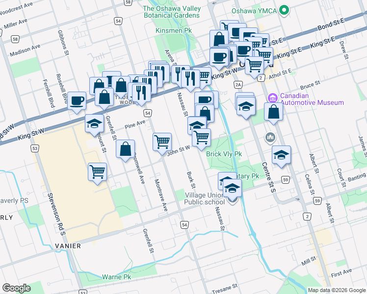 map of restaurants, bars, coffee shops, grocery stores, and more near 129 Burk Street in Oshawa