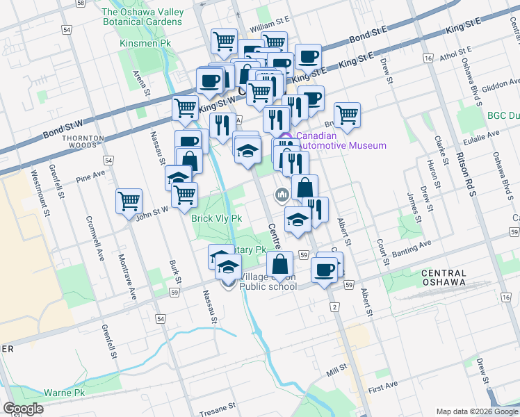 map of restaurants, bars, coffee shops, grocery stores, and more near 180 Centre Street South in Oshawa