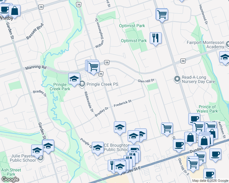 map of restaurants, bars, coffee shops, grocery stores, and more near 10 Maplewood Drive in Whitby