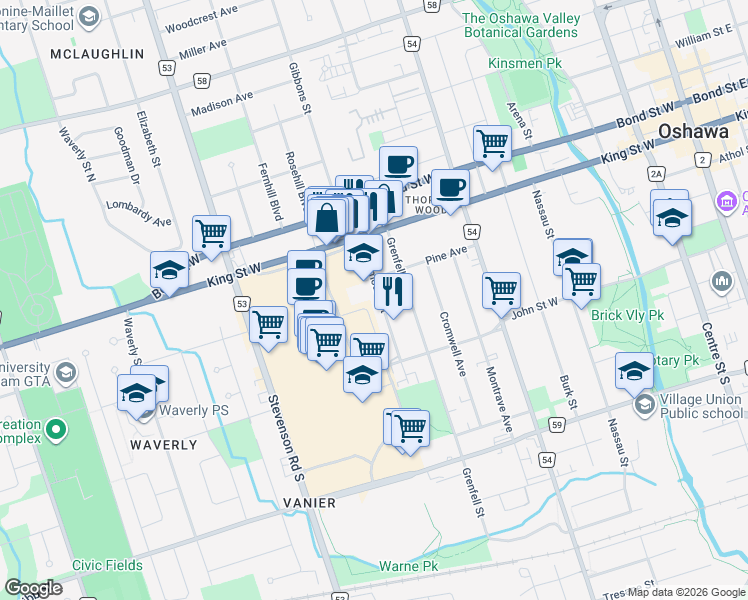 map of restaurants, bars, coffee shops, grocery stores, and more near 72 Westmount Street in Oshawa