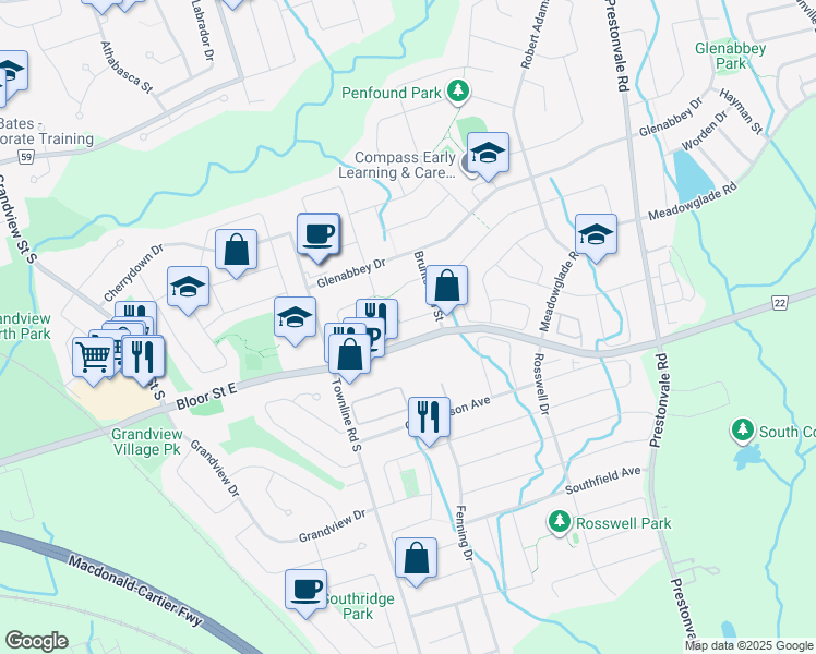 map of restaurants, bars, coffee shops, grocery stores, and more near in Courtice
