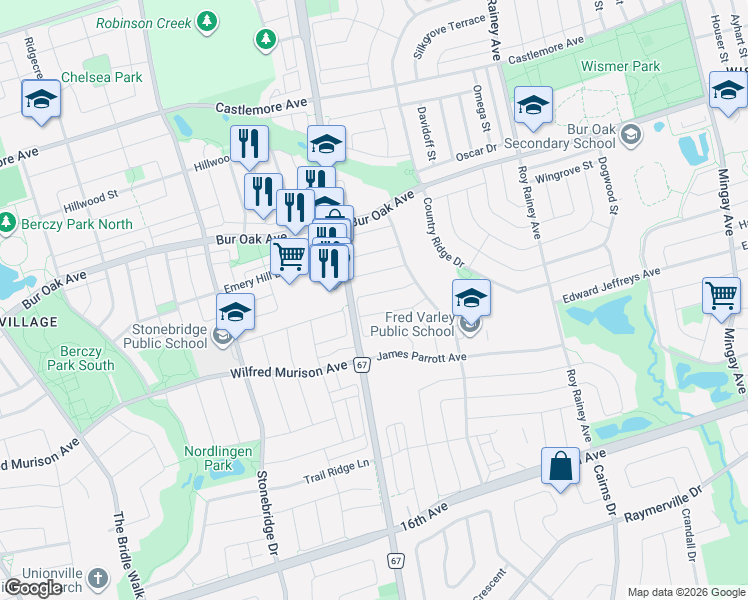 map of restaurants, bars, coffee shops, grocery stores, and more near 81 Carolina Rose Crescent in Markham