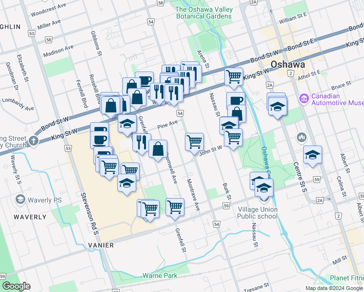 map of restaurants, bars, coffee shops, grocery stores, and more near 103 Montrave Avenue in Oshawa