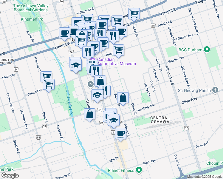 map of restaurants, bars, coffee shops, grocery stores, and more near in Oshawa