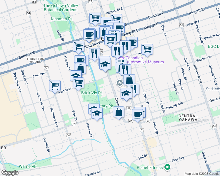 map of restaurants, bars, coffee shops, grocery stores, and more near in Oshawa