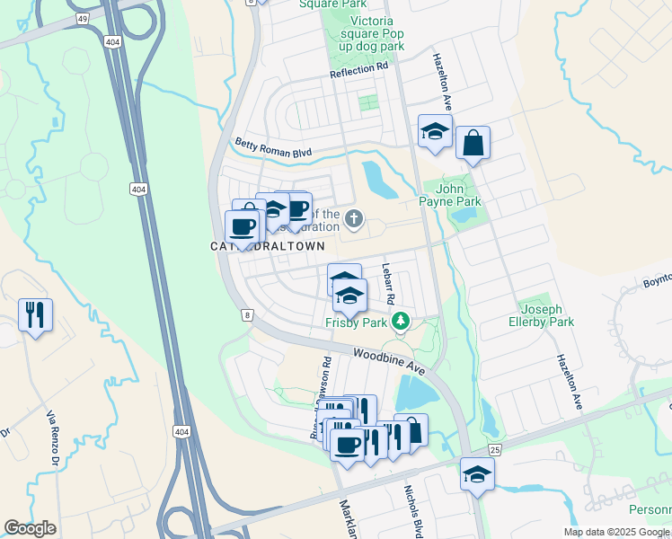 map of restaurants, bars, coffee shops, grocery stores, and more near 79 Vandaam Lane in Markham