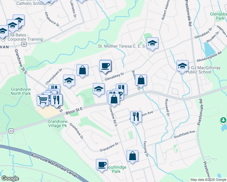 map of restaurants, bars, coffee shops, grocery stores, and more near 78 Turnberry Crescent in Courtice