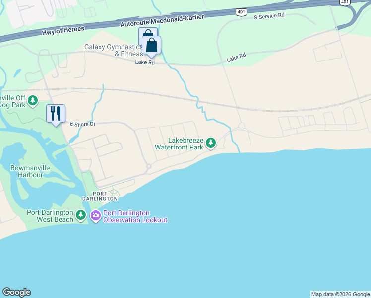 map of restaurants, bars, coffee shops, grocery stores, and more near 43 Clipper Lane in Bowmanville