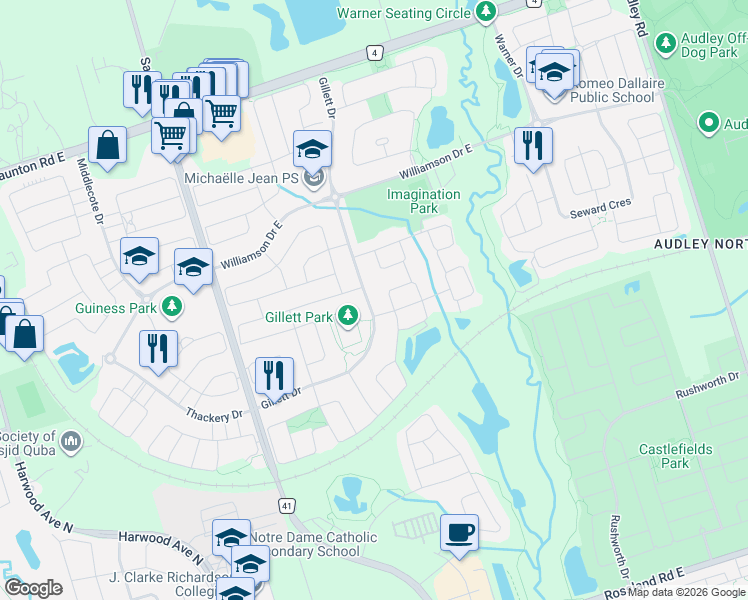 map of restaurants, bars, coffee shops, grocery stores, and more near 85 Gillett Drive in Ajax