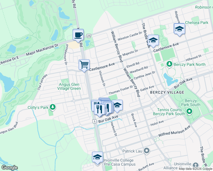 map of restaurants, bars, coffee shops, grocery stores, and more near 111 Viscount Drive in Markham