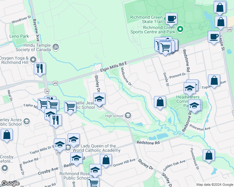 map of restaurants, bars, coffee shops, grocery stores, and more near 26 Shoshana Drive in Richmond Hill