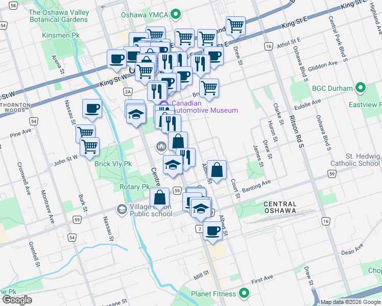map of restaurants, bars, coffee shops, grocery stores, and more near 201 Celina Street in Oshawa