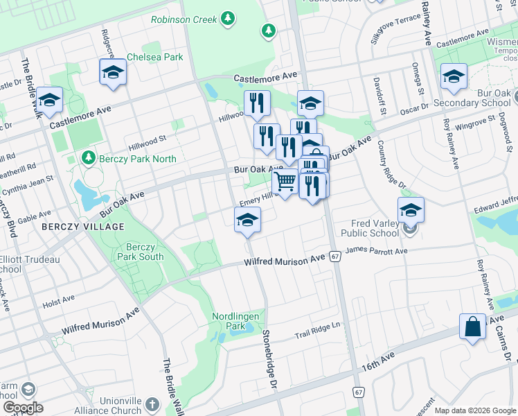 map of restaurants, bars, coffee shops, grocery stores, and more near 61 Manorwood Drive in Markham