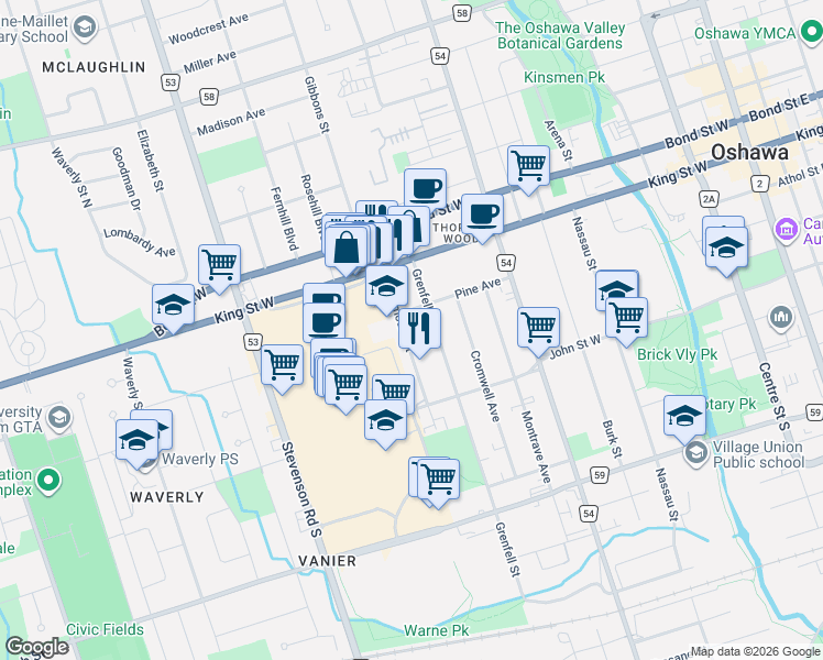 map of restaurants, bars, coffee shops, grocery stores, and more near 395 Pine Avenue in Oshawa