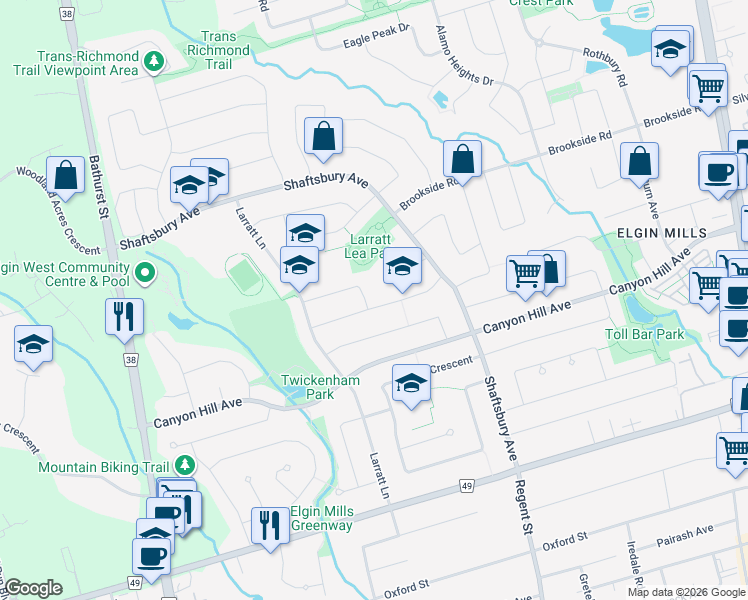 map of restaurants, bars, coffee shops, grocery stores, and more near 52 Buckhorn Avenue in Richmond Hill