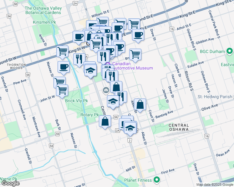 map of restaurants, bars, coffee shops, grocery stores, and more near in Oshawa