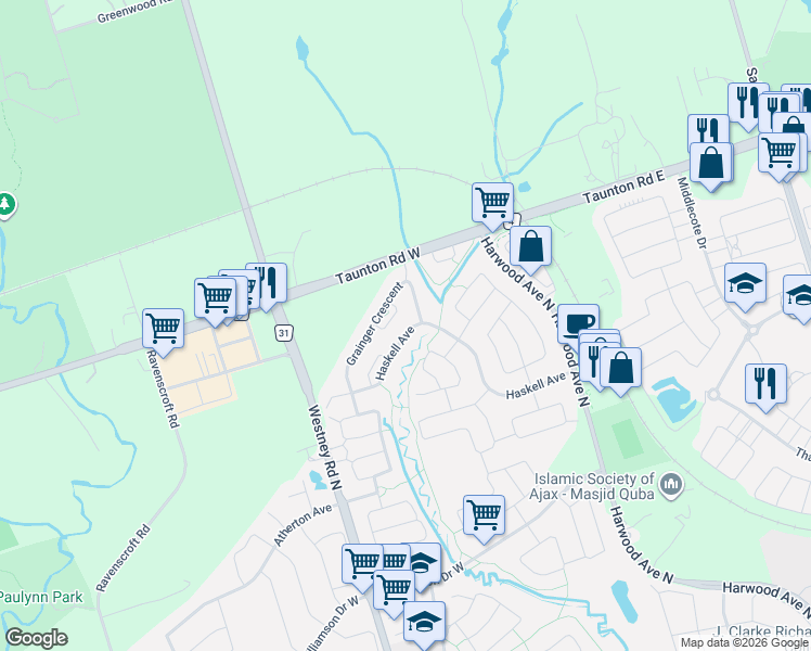 map of restaurants, bars, coffee shops, grocery stores, and more near 19 Wheatley Crescent in Ajax