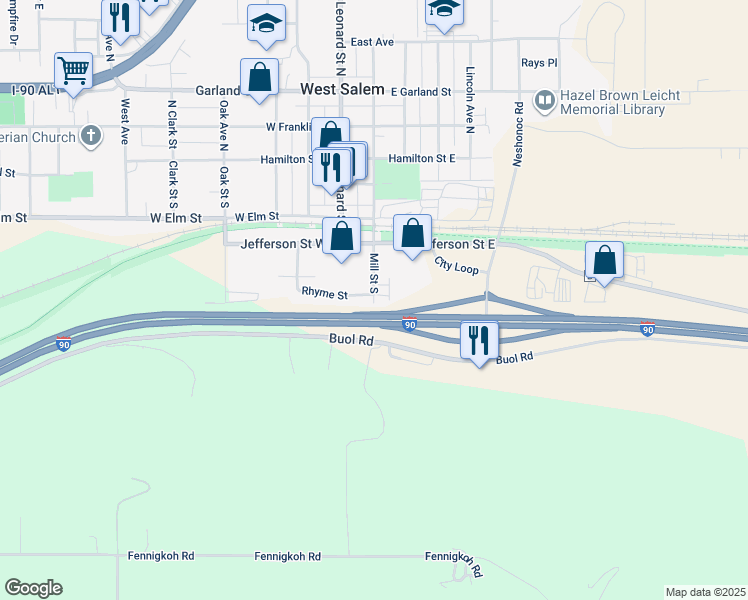map of restaurants, bars, coffee shops, grocery stores, and more near 140 Rhyme Street in West Salem