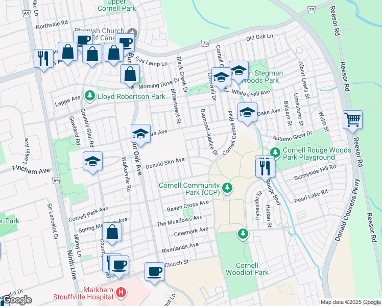 map of restaurants, bars, coffee shops, grocery stores, and more near 196 Donald Sim Avenue in Markham