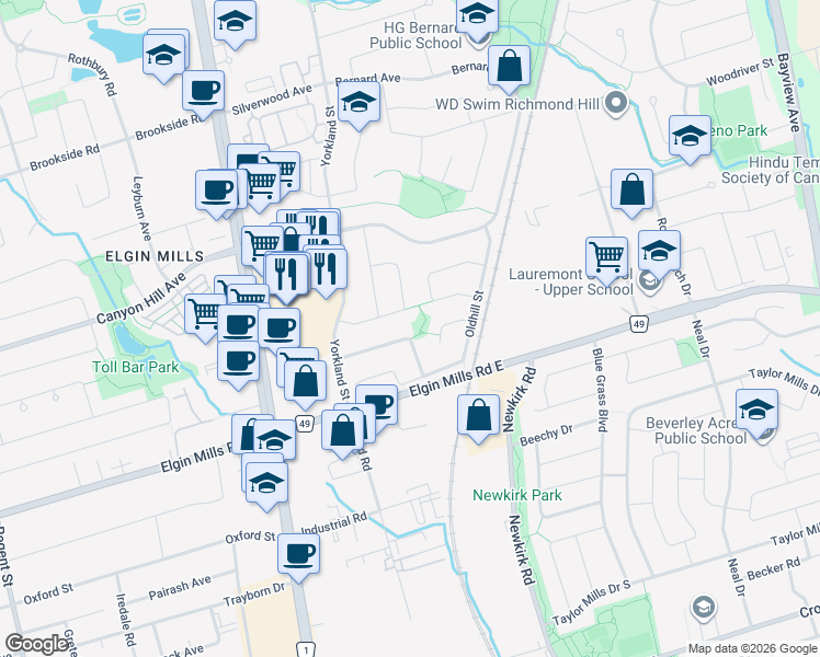 map of restaurants, bars, coffee shops, grocery stores, and more near 22 Mandel Crescent in Richmond Hill