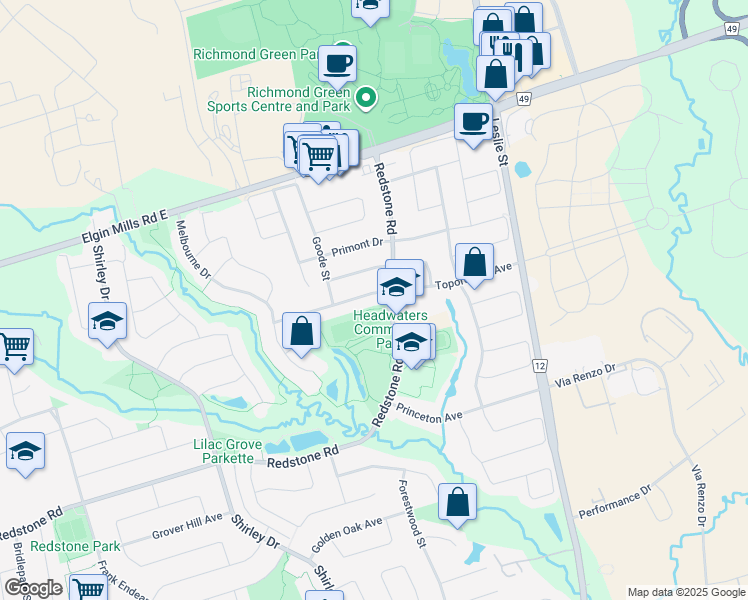 map of restaurants, bars, coffee shops, grocery stores, and more near 65 Toporowski Avenue in Richmond Hill