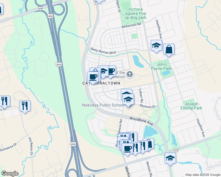 map of restaurants, bars, coffee shops, grocery stores, and more near 59 Vandaam Lane in Markham