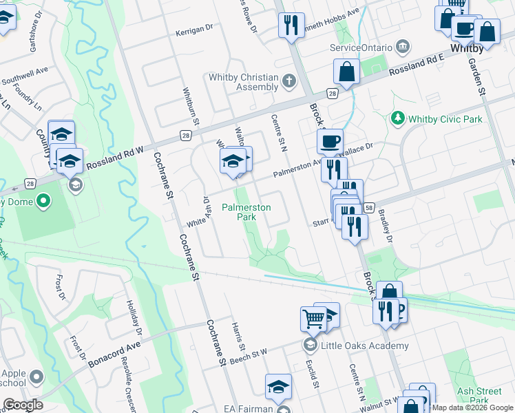 map of restaurants, bars, coffee shops, grocery stores, and more near 914 Walton Boulevard in Whitby